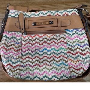 Rosetti Woven Chevron Crossbody Shoulder Bag Tan Leather Trim